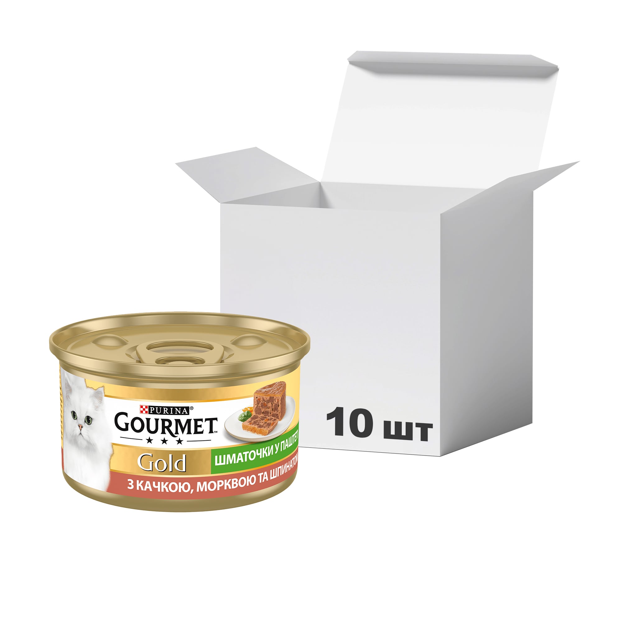 Упаковка вологого корму для кішок Purina Gourmet Gold з качкою, морквою та шпинатом, 85 г * 10 шт